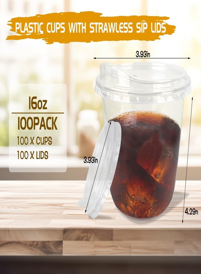 Foxtell 100 Pcs 16 Oz Clear Plastic Cups with Strawless Sip Lids Disposable Round Bottom Togo Cups for Iced Coffee Smoothie Beverage Cold Drinks Disposable Iced Coffee Cups for Party Catering BBQ - Image 2